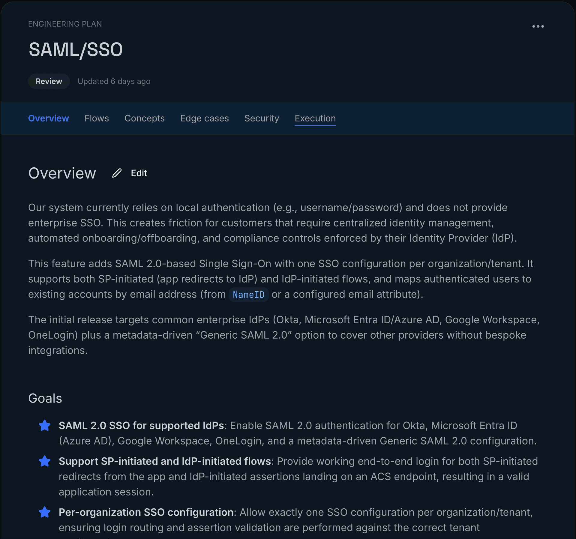 Alder engineering plan interface showing SAML/SSO feature overview
